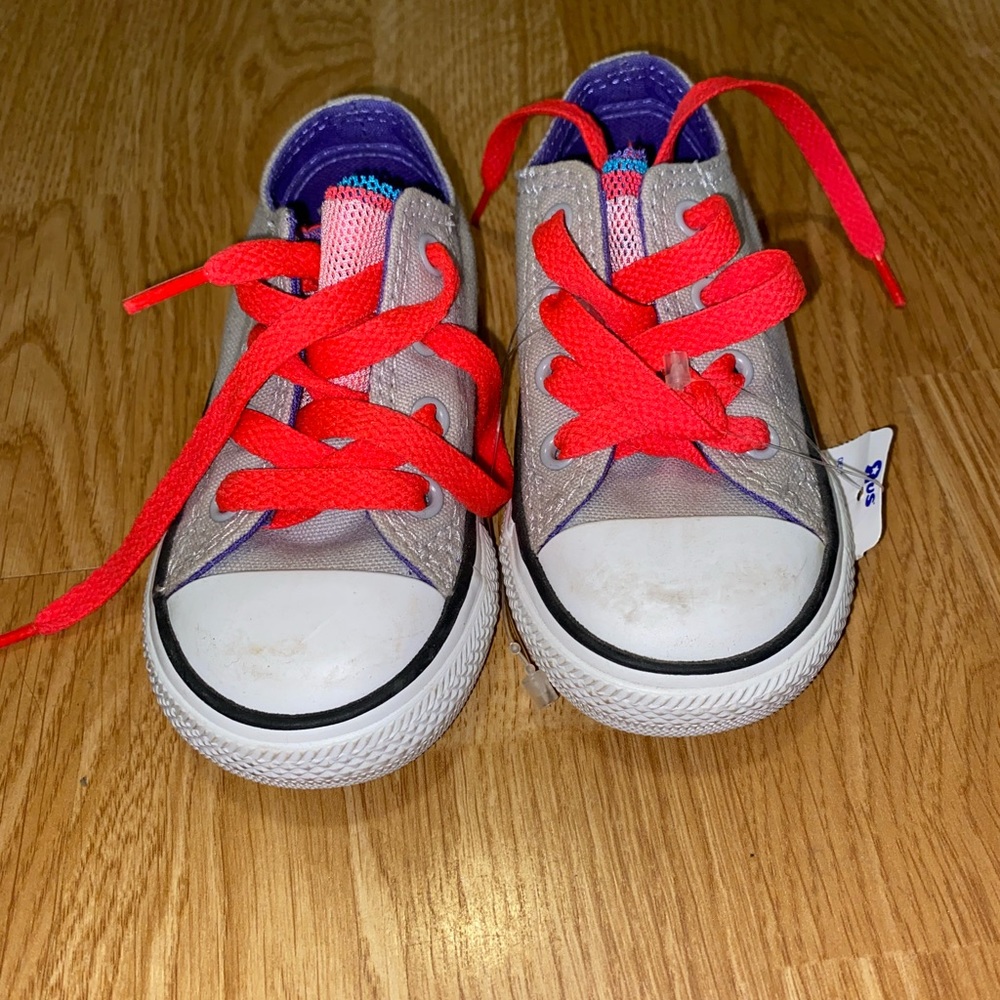 Vintage Converses. Gray, rainbow tongue, bright crimson laces. Toddler, 6 BNWT